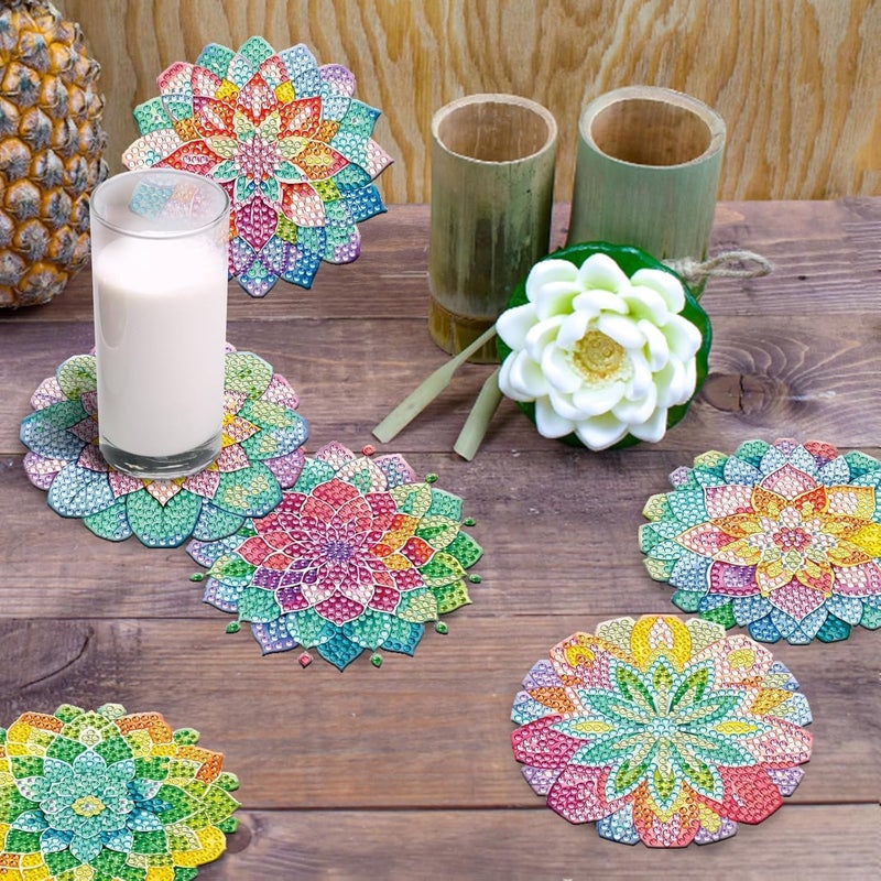 Demonwer 8 Pieces Lotus Diamond Painting Coasters with Holder DIY Cute Lotus Diamond Art Coasters 5d Lotus Diamond Coasters for Beginners Adults for Christmas, Demonwer-1 - Image 4