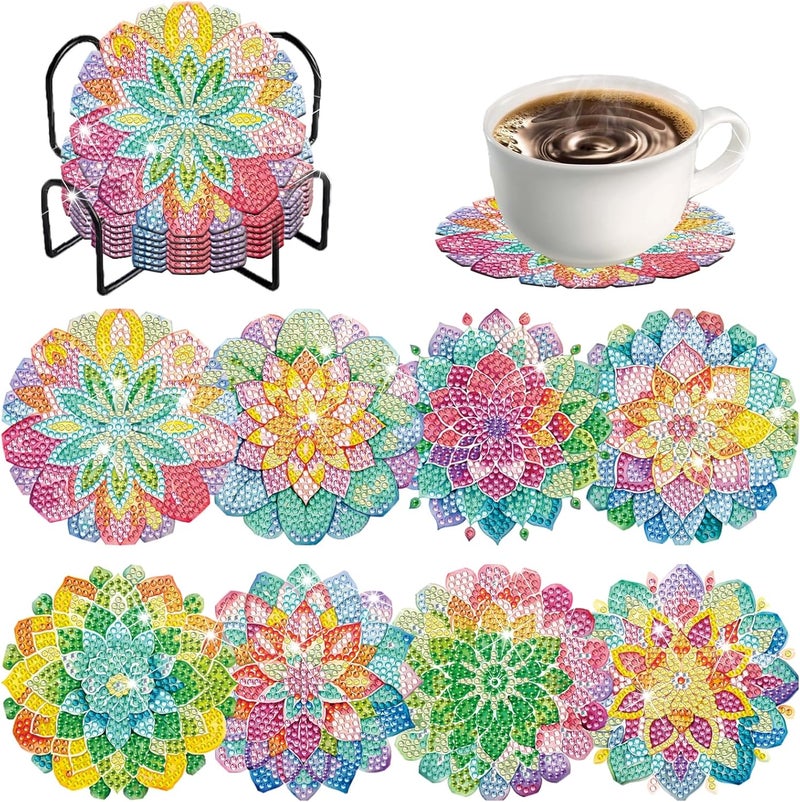 Demonwer 8 Pieces Lotus Diamond Painting Coasters with Holder DIY Cute Lotus Diamond Art Coasters 5d Lotus Diamond Coasters for Beginners Adults for Christmas, Demonwer-1 - Image 1