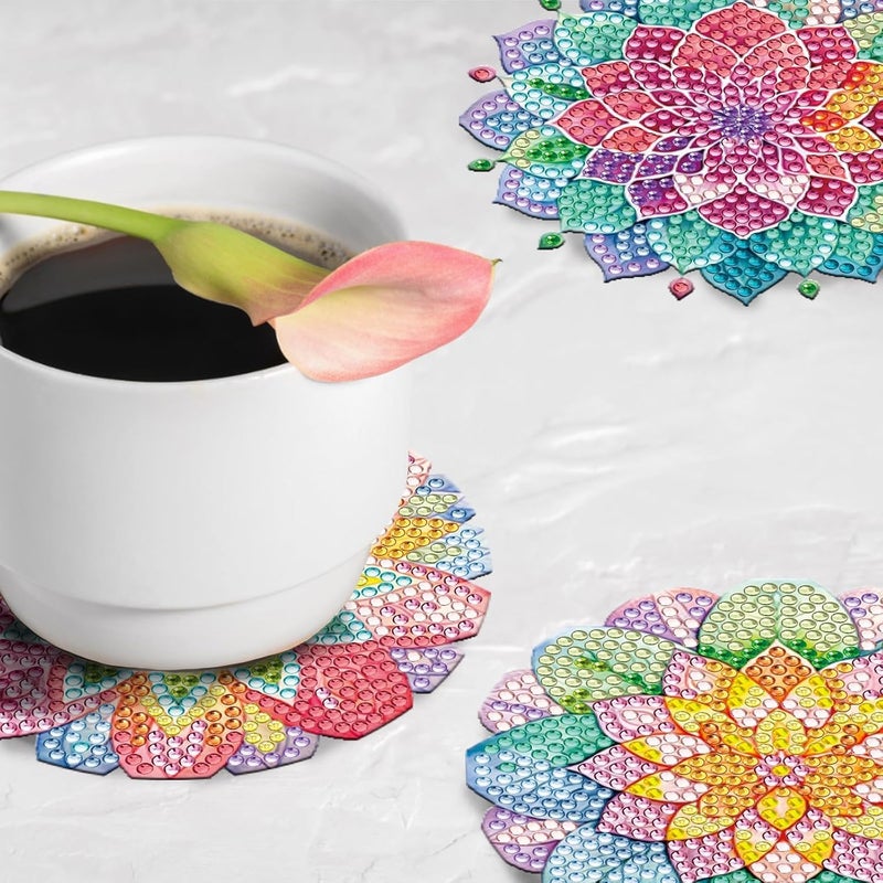 Demonwer 8 Pieces Lotus Diamond Painting Coasters with Holder DIY Cute Lotus Diamond Art Coasters 5d Lotus Diamond Coasters for Beginners Adults for Christmas, Demonwer-1 - Image 5
