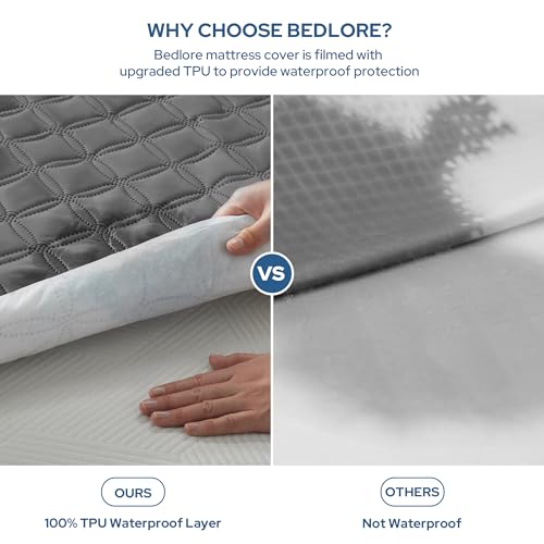 BEDLORE غطاء مرتبة مقاوم للماء - عبوة 2، حجم كامل مع جيب عميق بعمق 6"-15"، غطاء مرتبة فردية ناعم وقابل للتنفس ومضاد للأوساخ لغرفة النوم، غرفة النوم الجامعية (رمادي) - Image 2