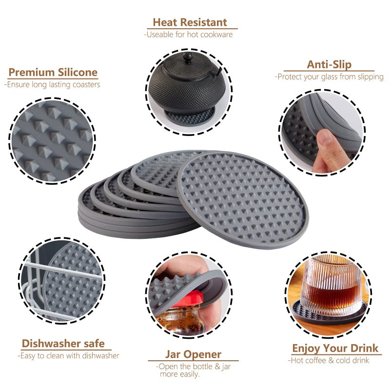 Coga Drink Coasters Set of 8 - Silicone Coasters Tabletop Protection for Any Table Type  Wood  Granite  Stone Tables  Dishwasher Safe  Coasters for Drinks Fits Any Size of Drinking Glasses (Grey) - Image 3