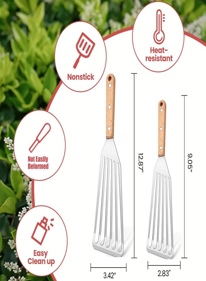 Micyples 2 Pack Stainless Steel Spatula With Wooden Handle, Flexible Fish Spatula Perfect for Flipping Eggs Burgers and Baking, Durable Lightweight Metal Slotted Spatulas Great for Kitchen Cooking & BBQ - Image 2