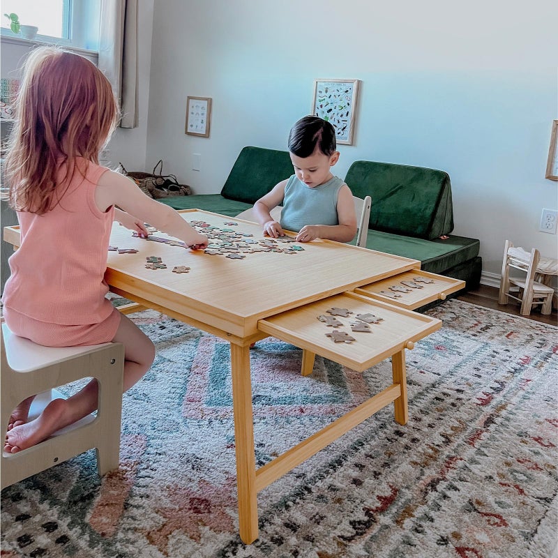 TEAKMAMA طاولة ألغاز خشبية TEAKMAMA مكونة من 1500 قطعة مع 4 أدراج، طاولة ألغاز قابلة للطي مع غطاء واقي، لوحة ألغاز مع أرجل، طاولة ألعاب متعددة الوظائف للبالغين، 34W x 26.3D، طبيعية - Image 2