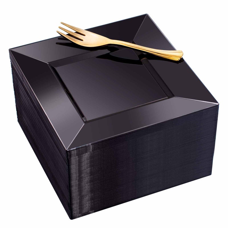 supernal 100pcs Black Square Plastic Dessert Plates with 100pcs Gold Dessert ForksElegant Appetizer and Salad Plastic PlatesBlack Square Cake Plates for PartyBirthday WeddingAfternoon Tea