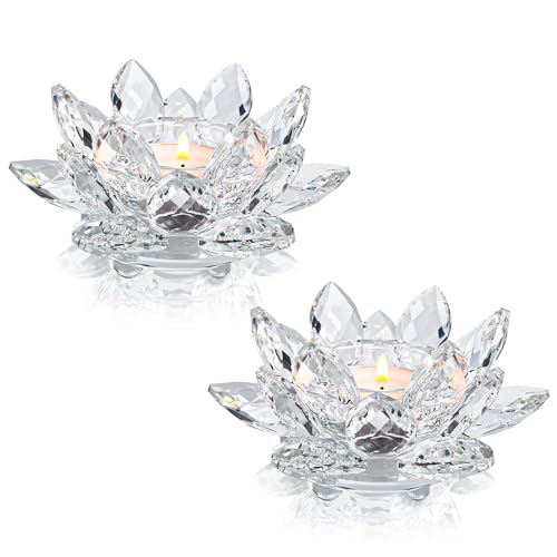 Kolnlala Crystal Lotus Flower Tealight Candle HoldersGlass Tea Light Candlestick Decor Decoration for Christmas Home Wedding Party Clean 2pcs