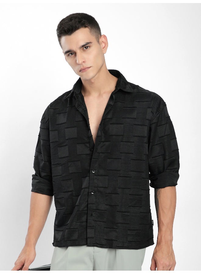 Beyoung Black Fur Geometric Textured Shirt - Image 4