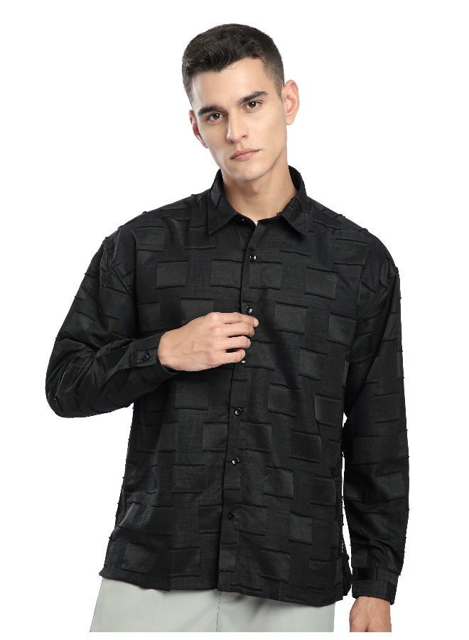 Beyoung Black Fur Geometric Textured Shirt - Image 5
