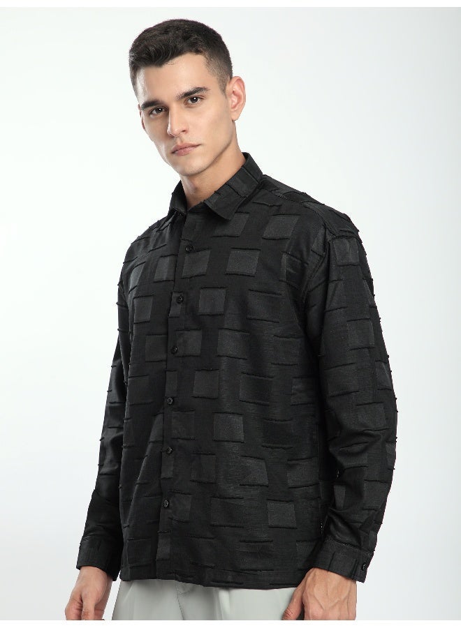 Beyoung Black Fur Geometric Textured Shirt - Image 1