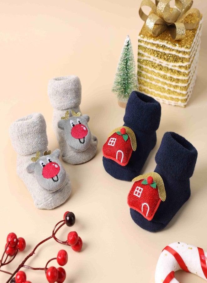 Kicks & Crawl Baby Boys & Baby Girls Anti-skid/slip Festive cheer 3D socks (Pack of 2) - Image 2
