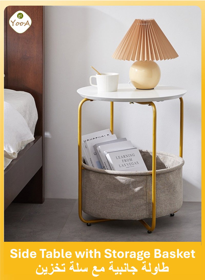 YooA Round Side Table with Detachable Fabric Storage Basket, Coffee Table/Laptop End table/Corner Wood Table/Book Laptop Notebook Tablet Holder for Living Room/Bedroom/office/Sofa Bed Side, Easy to assemble 40x40x48.5cm (White&Gold)  - Image 1