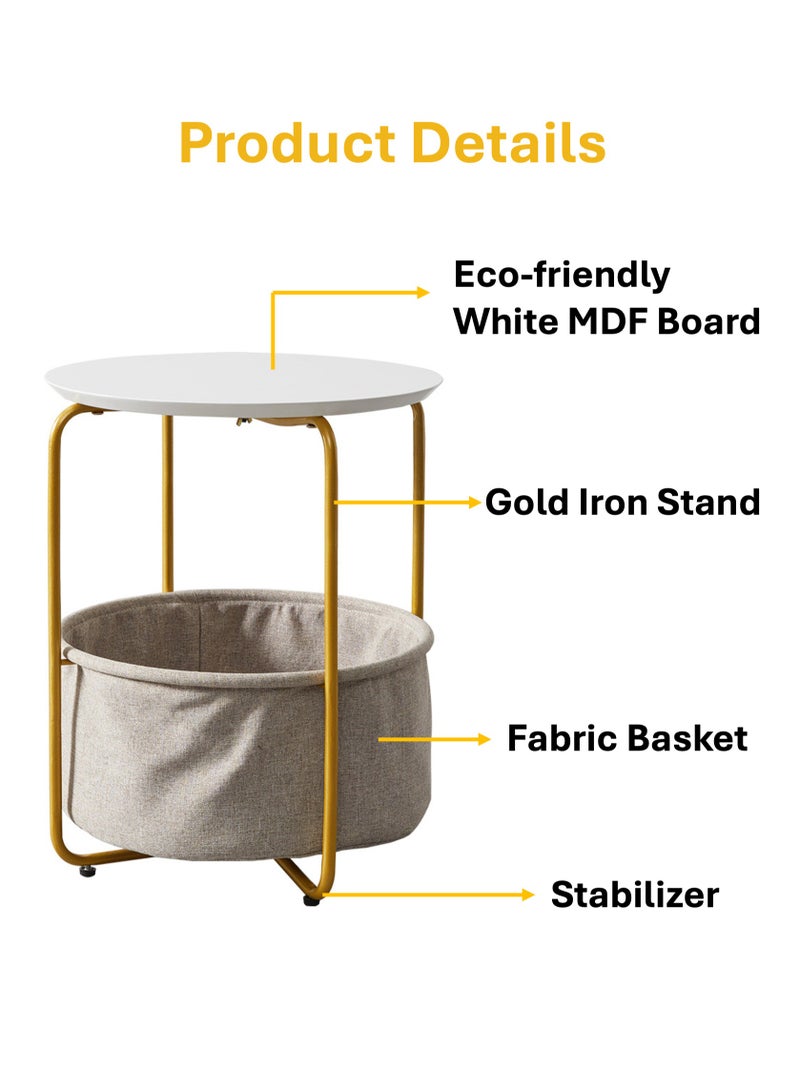YooA Round Side Table with Detachable Fabric Storage Basket, Coffee Table/Laptop End table/Corner Wood Table/Book Laptop Notebook Tablet Holder for Living Room/Bedroom/office/Sofa Bed Side, Easy to assemble 40x40x48.5cm (White&Gold)  - Image 2