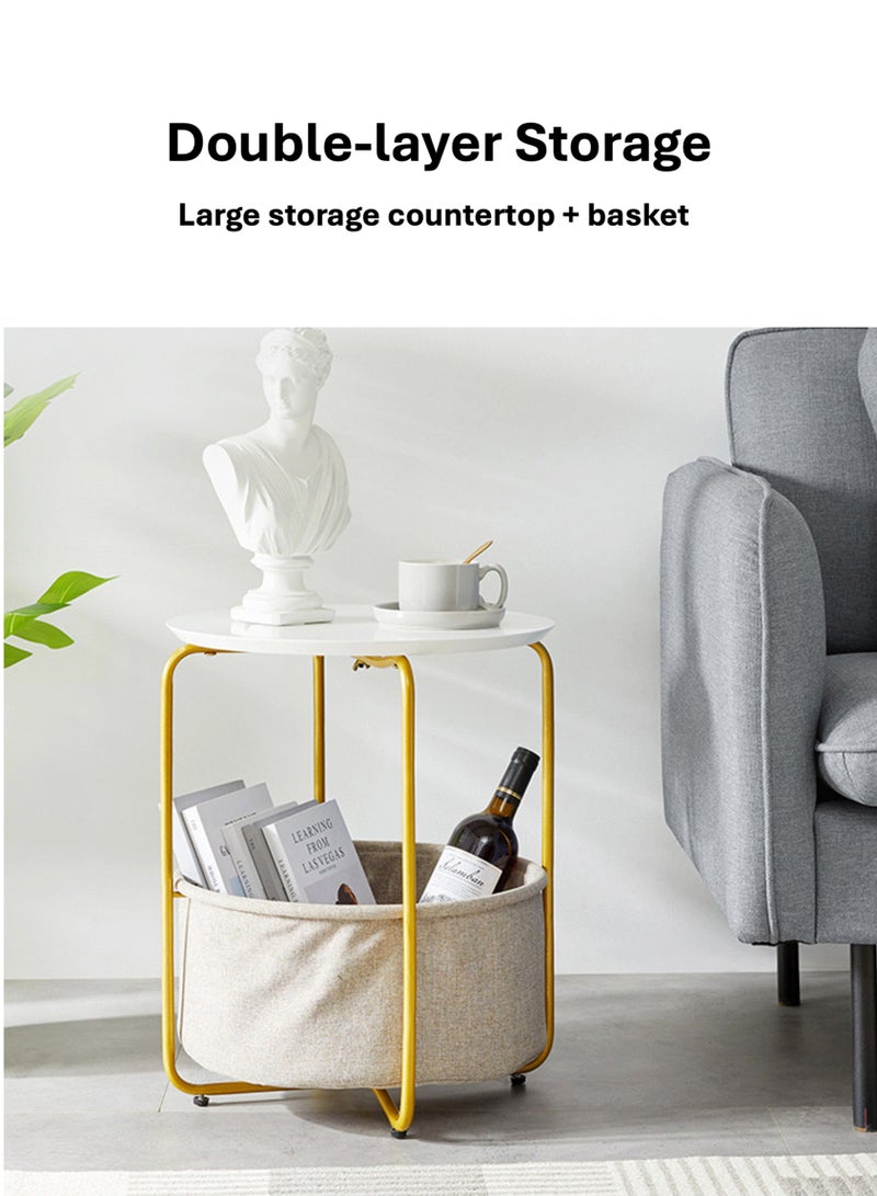 YooA Round Side Table with Detachable Fabric Storage Basket, Coffee Table/Laptop End table/Corner Wood Table/Book Laptop Notebook Tablet Holder for Living Room/Bedroom/office/Sofa Bed Side, Easy to assemble 40x40x48.5cm (White&Gold)  - Image 4