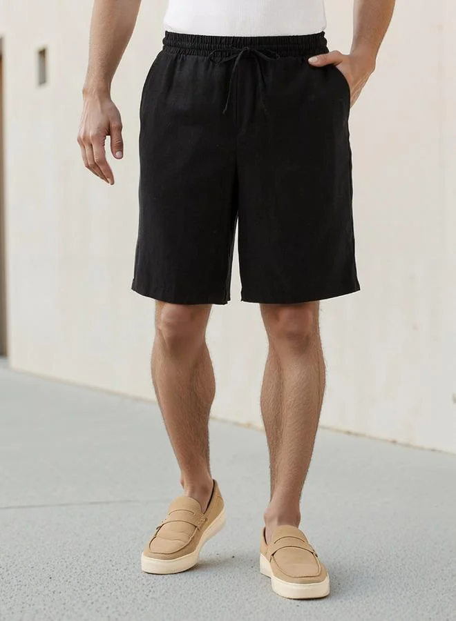 Regular Fit Linen Blend Shorts with Drawstring Closure