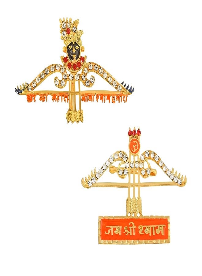 Inites Diamond Nug Engraved Metal Barbarika Ji Face Hare Ka Sahara Baba Khatu Shyam Hamara Teen Baan Dhanush Design Brooch Lapel Pin For Wedding, Parties & Functions (2 Pcs) - Image 1