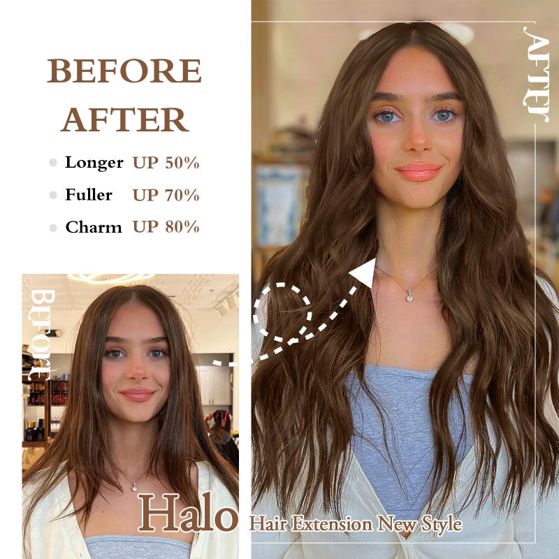 BUPPLER Halo Hair Extensions 20 Inch Invisible Wire Hair Extensions Adjustable Long Wavy Hairpiece Synthetic Upgrade 4 Secure Clips in Hairpieces 20 Inch,Medium Brown - Image 4