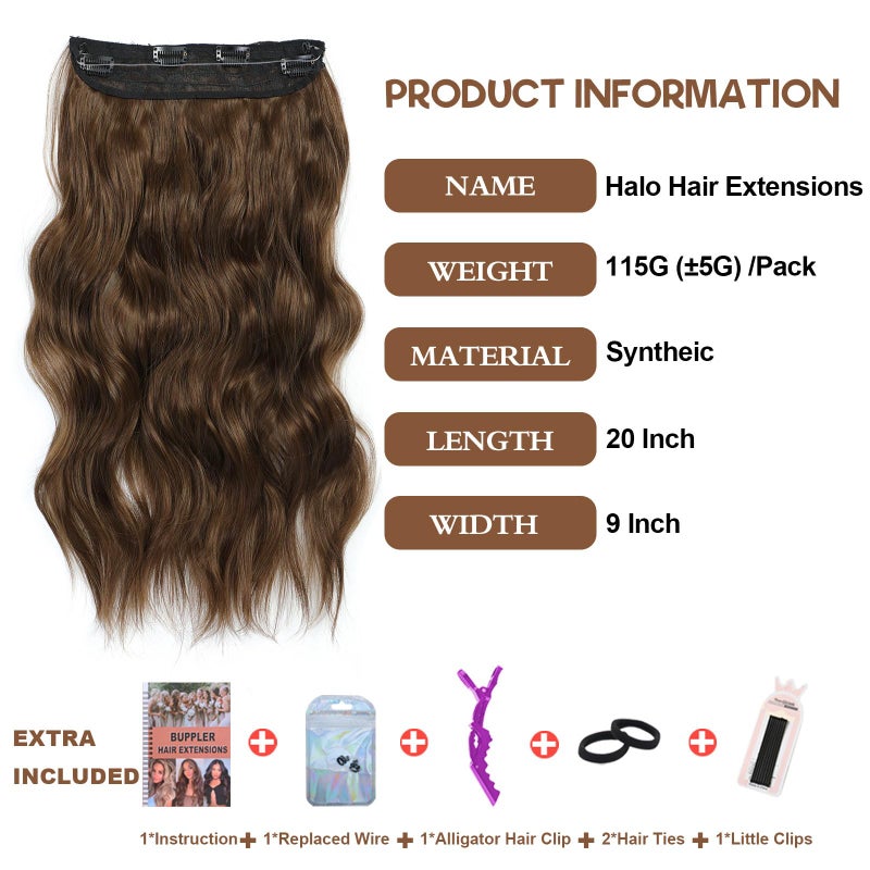 BUPPLER Halo Hair Extensions 20 Inch Invisible Wire Hair Extensions Adjustable Long Wavy Hairpiece Synthetic Upgrade 4 Secure Clips in Hairpieces 20 Inch,Medium Brown - Image 3