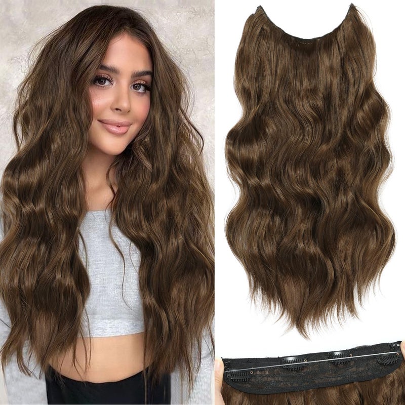 BUPPLER Halo Hair Extensions 20 Inch Invisible Wire Hair Extensions Adjustable Long Wavy Hairpiece Synthetic Upgrade 4 Secure Clips in Hairpieces 20 Inch,Medium Brown - Image 1