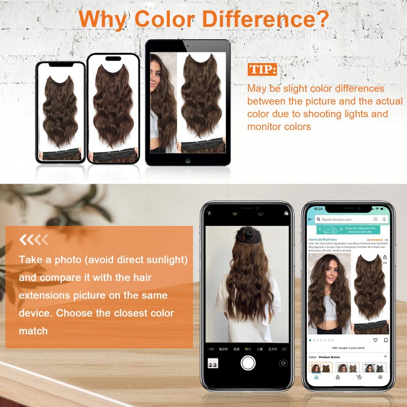 BUPPLER Halo Hair Extensions 20 Inch Invisible Wire Hair Extensions Adjustable Long Wavy Hairpiece Synthetic Upgrade 4 Secure Clips in Hairpieces 20 Inch,Medium Brown - Image 2