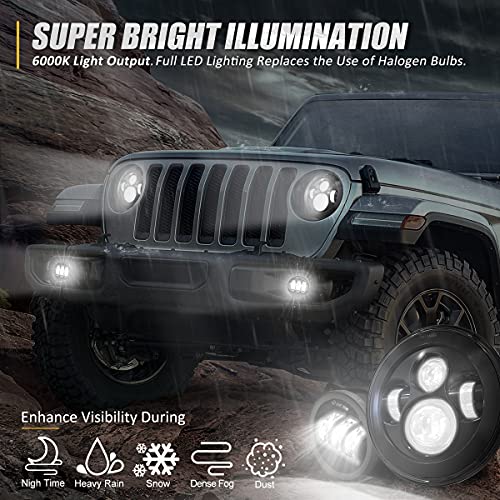 NUVISION LIGHTING NVL-HL-001 7 Inches LED Projector Headlight High Low Beam + NVL-FL-001 4 Inches LED Fog Lights With Halo Ring Compatible with 2007-2018 Jeep Wrangler JK DOT Approved - Image 3
