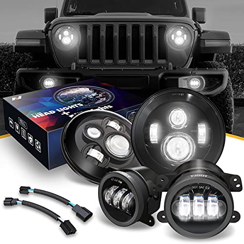 NUVISION LIGHTING NVL-HL-001 7 Inches LED Projector Headlight High Low Beam + NVL-FL-001 4 Inches LED Fog Lights With Halo Ring Compatible with 2007-2018 Jeep Wrangler JK DOT Approved - Image 1