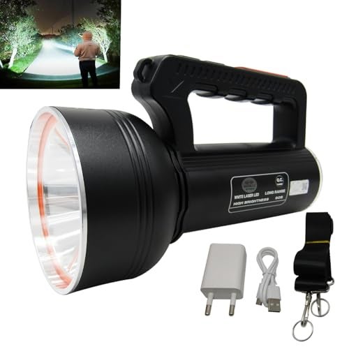RENMAX LED Flashlight High Brightness 350W 1.5Km Range High/Low/Blinker & Tail Light (White/Red-Blue Blinker) Waterproof Dual Battery Rechargeable Torch Metal Body Black -1Pc - Image 1