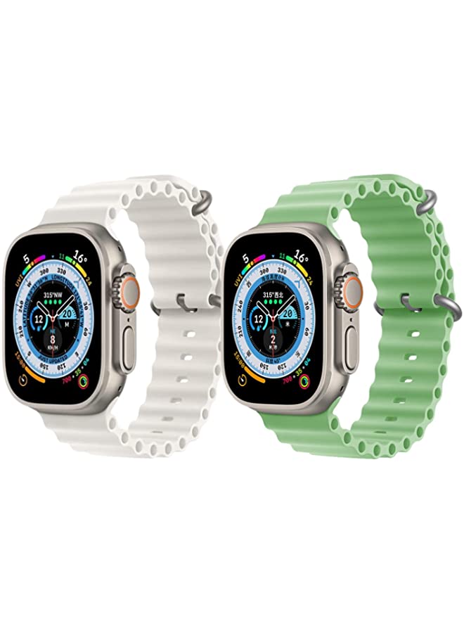 vesus Silicone Ocean Band Strap for Apple Watch Ultra 8 49mm White Single Color Strap with Mint Green Single Color Strap Set of 2