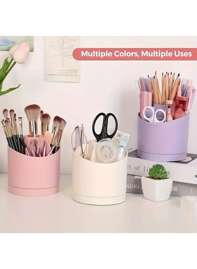 Beige 360 Rotating Desk Organizer With 7 Compartments Compact Durable Storage Box - Image 1