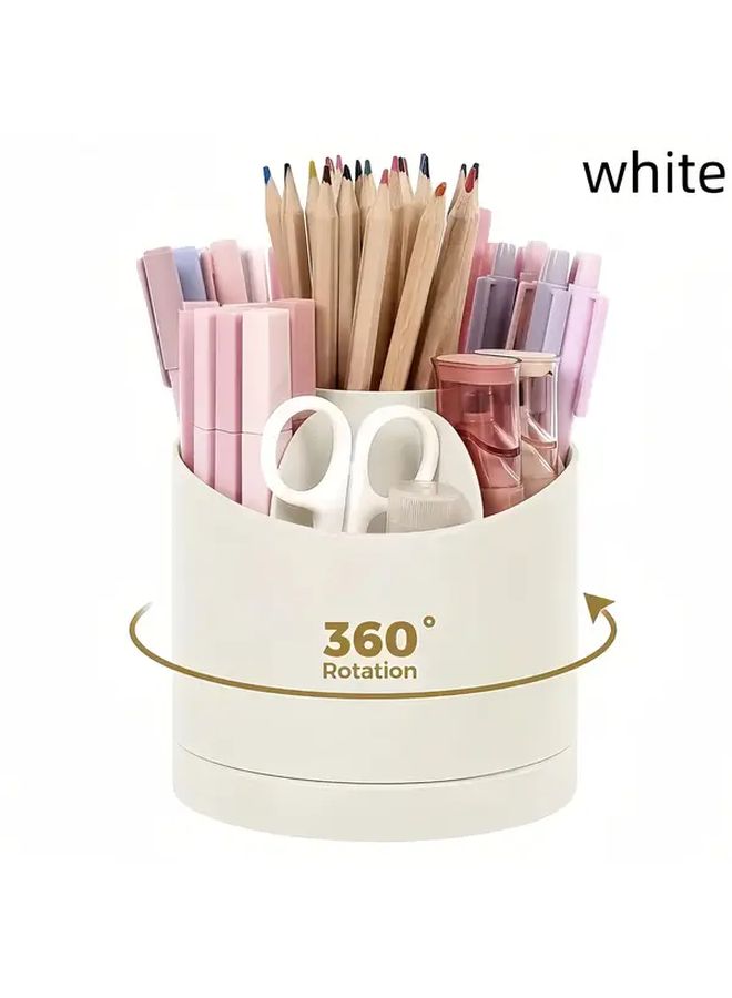 Beige 360 Rotating Desk Organizer With 7 Compartments Compact Durable Storage Box - Image 5
