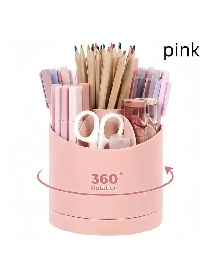 Beige 360 Rotating Desk Organizer With 7 Compartments Compact Durable Storage Box - Image 3