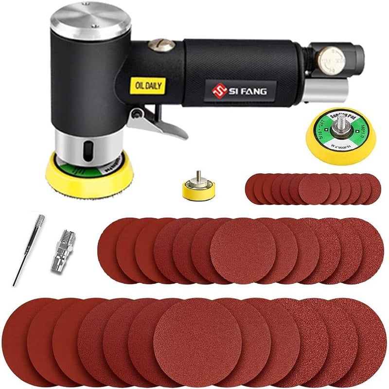 SI FANG Mini Air Sander 1/2/3 Inch Pneumatic Small Orbital Sander for Auto Body Work, Mini Polisher with 45PCS Sanding Discs + 3PCS Backing Pads, Air Powered - Image 1