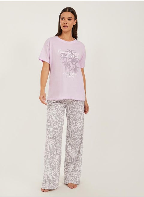 Palm Graphic Print Dropped Shoulder T-Shirt and Pyjama Pants Set