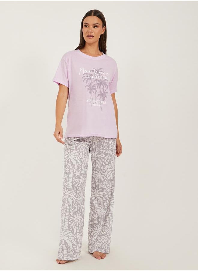 Styli Palm Graphic Print Dropped Shoulder T-Shirt and Pyjama Pants Set  - Image 1