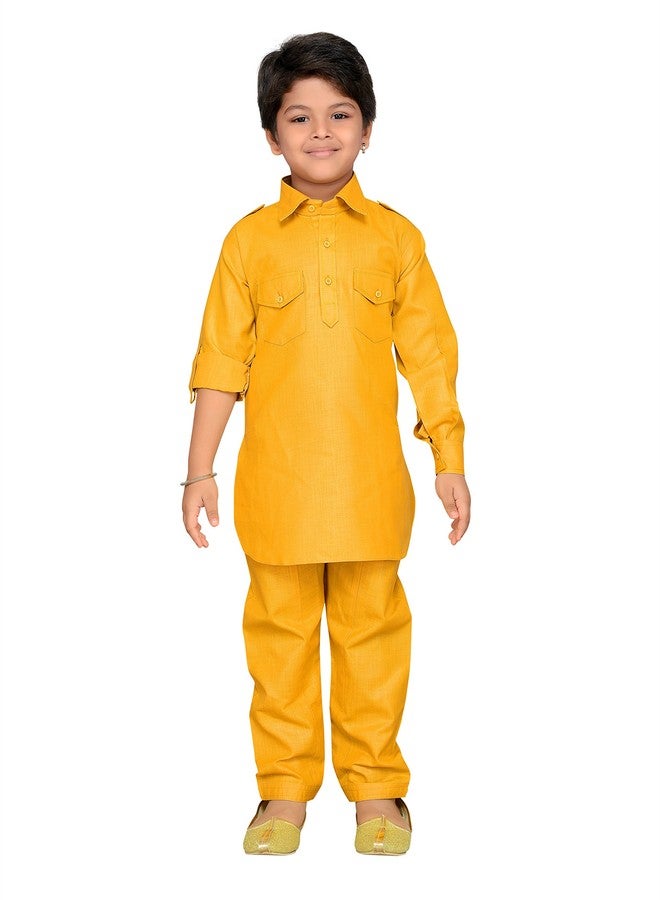 AJ Dezines Kids Yellow Color Pathani Suit For Boys (628_YELLOW_16.) - Image 1