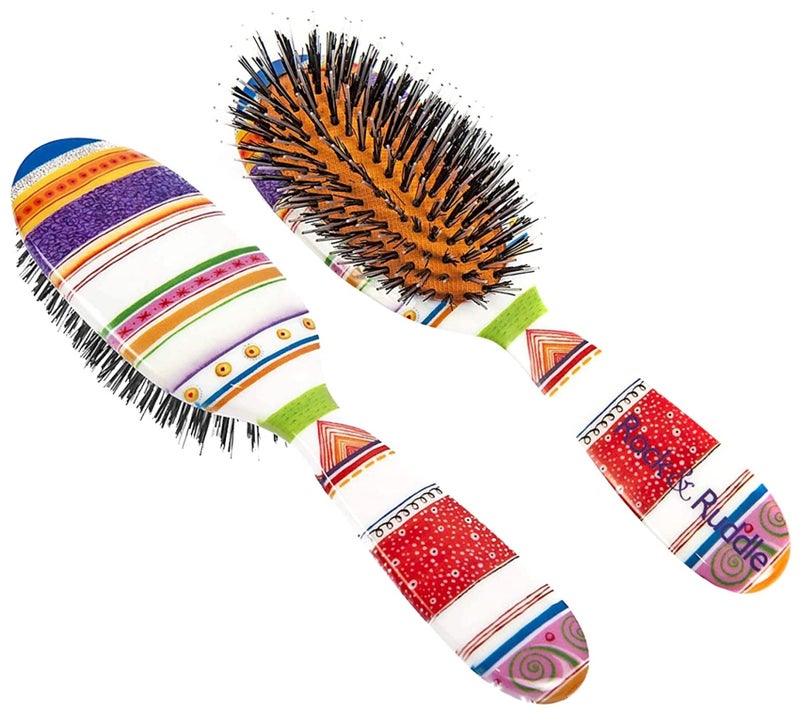 Rock & Ruddle Natural Mixed Boar Bristle Hair Brush for Women and Kids (Small/Travel Size 17.5cm) -Perfect for Wet or Dry Hair, Detangling Smoothing Blowdrying -Made in UK -Folio Society Stripe Design - Image 1