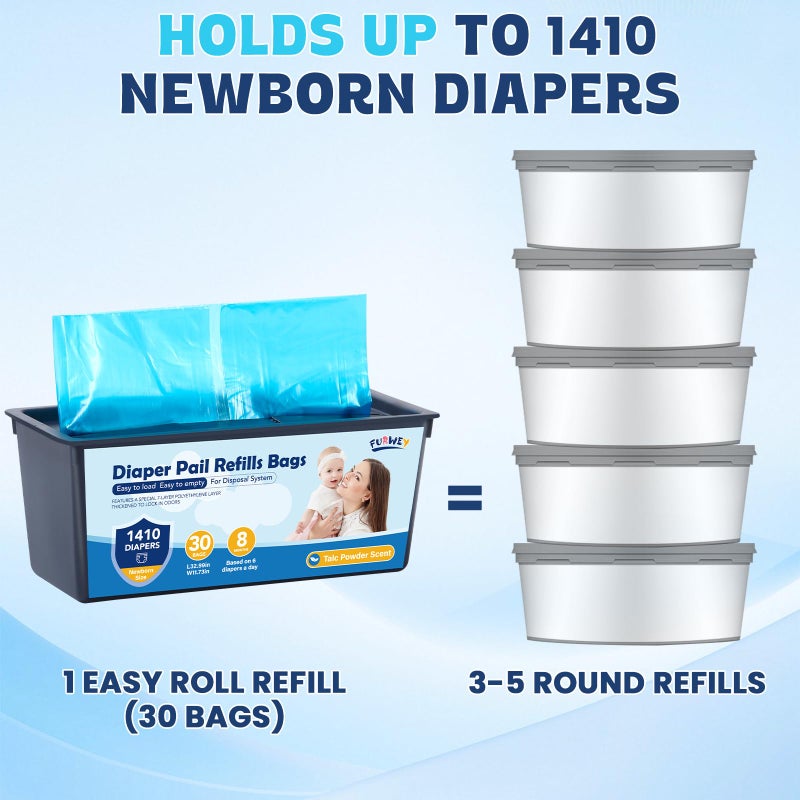 FURWEY Diaper Pail Refill Bags 30 Bags Per Refillï¼ŒCompatible with Genie Easy Roll Signature Diaper Pails Holds Up to 2820 Newborn Diapers 7 Layer Odor Barrier Technology 2PACK (60 Bags) - Image 3