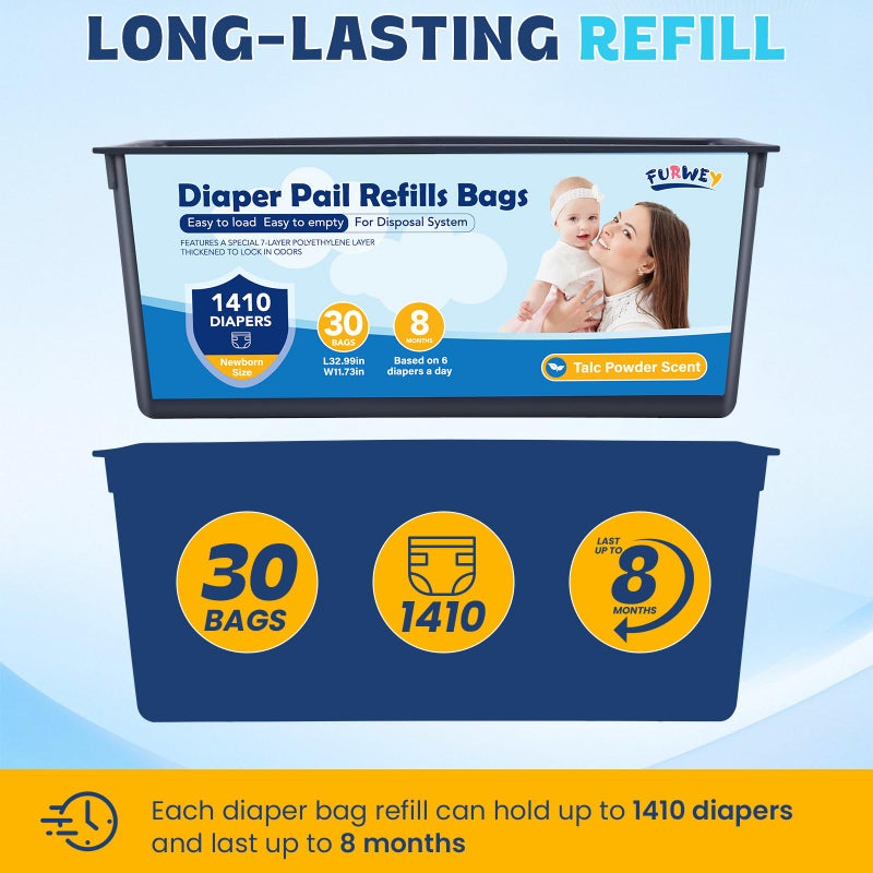 FURWEY Diaper Pail Refill Bags 30 Bags Per Refillï¼ŒCompatible with Genie Easy Roll Signature Diaper Pails Holds Up to 2820 Newborn Diapers 7 Layer Odor Barrier Technology 2PACK (60 Bags) - Image 5