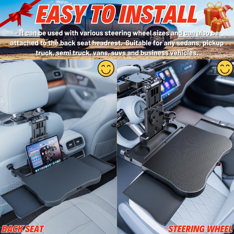 Qlhshop Large Car Desk for Laptop | Steering Wheel Tray Table | Foldable Back Headrest Seat Eating Food Trays with Drinks Cupholder Phone Tablet Holder for Kids | Car Travel Essentials for Long Trips - Image 4