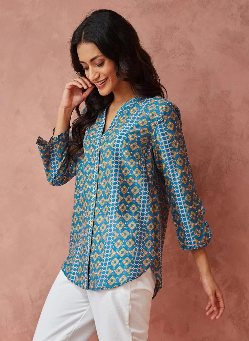 فاب انديا Blue Rayon Blend Printed Shirt