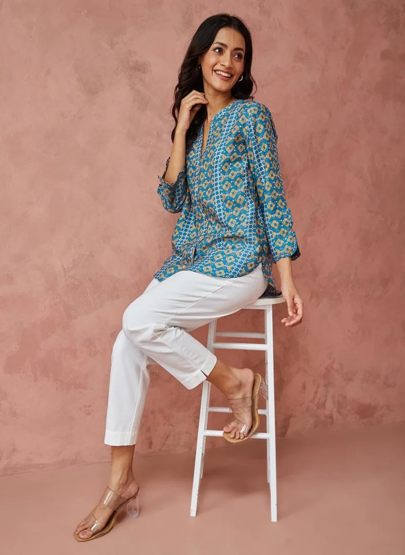 فاب انديا Blue Rayon Blend Printed Shirt