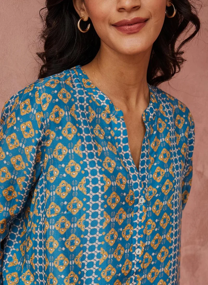 فاب انديا Blue Rayon Blend Printed Shirt