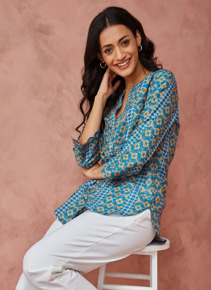 فاب انديا Blue Rayon Blend Printed Shirt