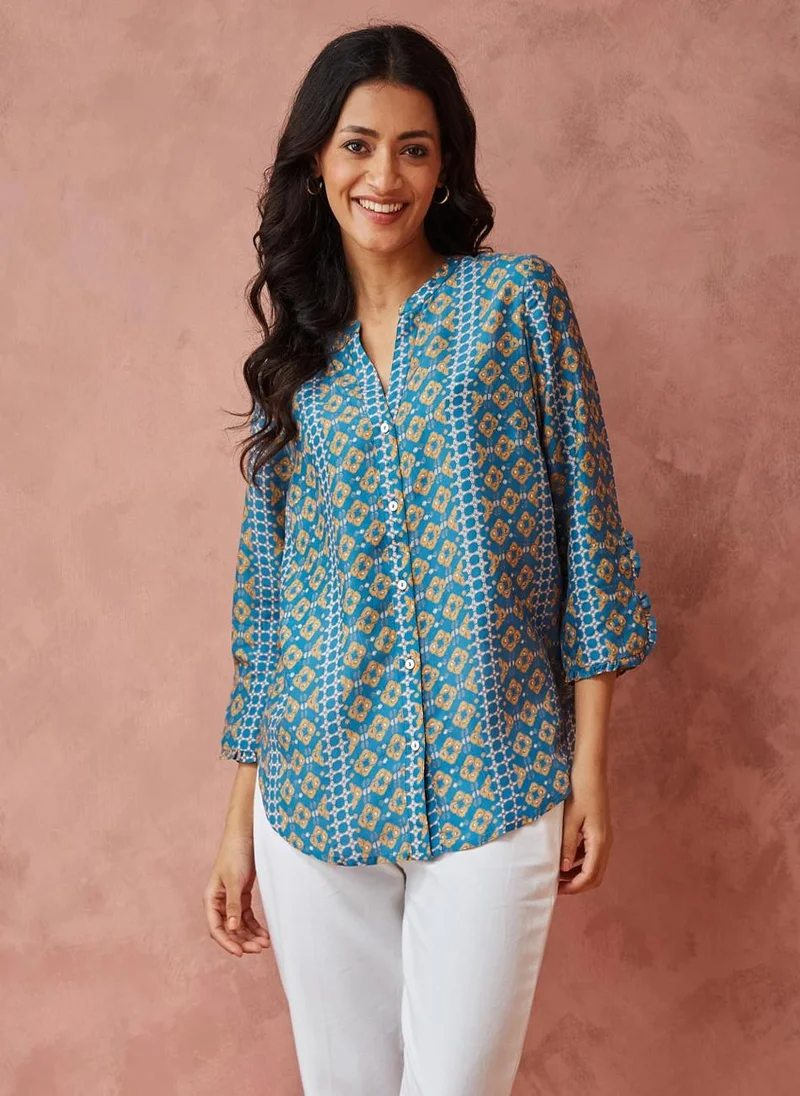فاب انديا Blue Rayon Blend Printed Shirt