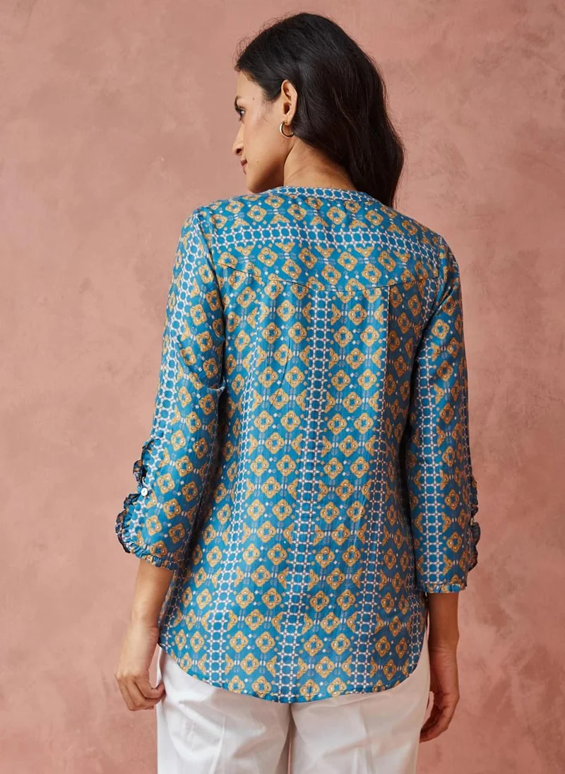 فاب انديا Blue Rayon Blend Printed Shirt
