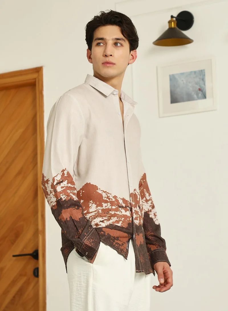 Campus Sutra Men's Beige Rayon Shirt With Abstract Mountain Print
