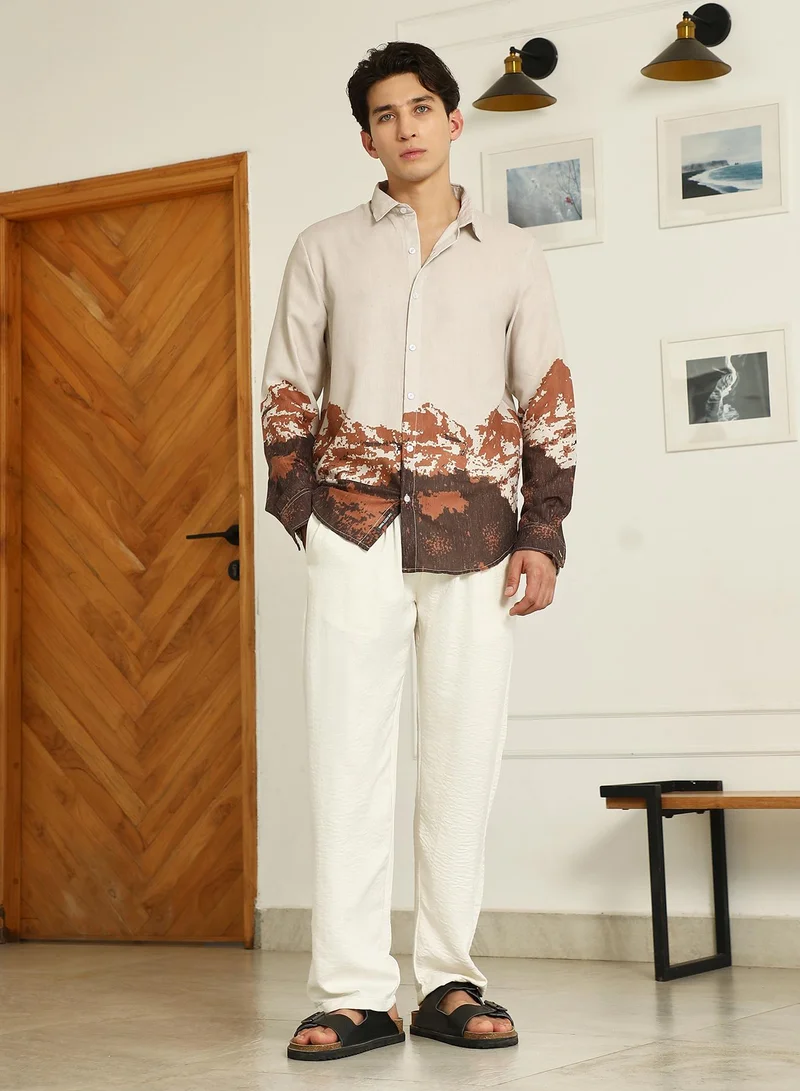 Campus Sutra Men's Beige Rayon Shirt With Abstract Mountain Print