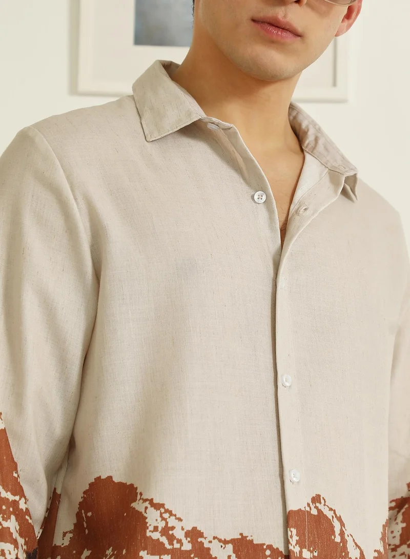 Campus Sutra Men's Beige Rayon Shirt With Abstract Mountain Print