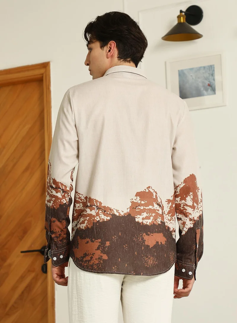 Campus Sutra Men's Beige Rayon Shirt With Abstract Mountain Print
