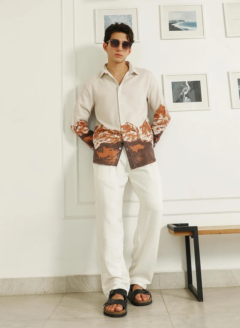 Campus Sutra Men's Beige Rayon Shirt With Abstract Mountain Print