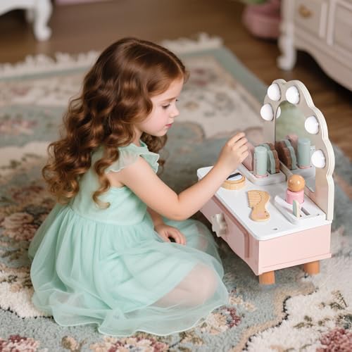 ROBOTIME Toddler Vanity Makeup Table Toy with Mirror Light Wooden Kids Makeup Vanity Set Dressing Table with Accessories and Lights Pretend Makeup Set for Little Girls - Image 5