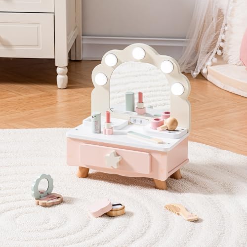 ROBOTIME Toddler Vanity Makeup Table Toy with Mirror Light Wooden Kids Makeup Vanity Set Dressing Table with Accessories and Lights Pretend Makeup Set for Little Girls - Image 1
